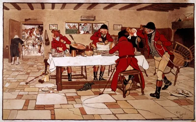 A három galamb falatja. A vadászok gyorsan főznek és esznek, mielőtt vadászni indulnak. Metszet: Cecil Aldin (1870 -? ), Anglia. Coll. Üzlet