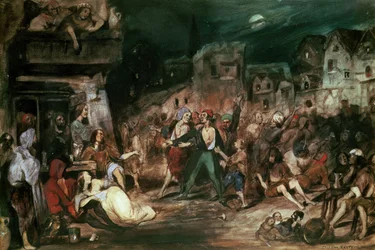 Gringoire a Csodák udvarában, illusztráció Victor Hugo (1802-85) „A párizsi Notre-Dame” című művének VI. fejezetéhez, 1835