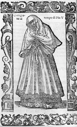 Reneszánsz: udvarhölgy V. Piusz pápa (1566-1572) idejében. Cesare Vecellio „Modern és régi jelmezek” című metszete
