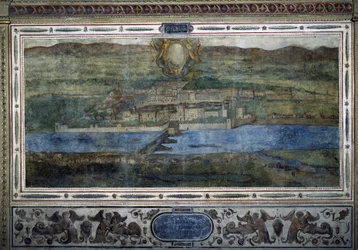 Innsbruck városának látképe, Ausztria. A Habsburg Birodalom városainak látképe. A firenzei Palazzo Vecchio Michelozzo-udvar freskója. Sebastiano Veronese Giovanni Lombardi, Cesare Baglioni és Turino da Piamonte festménye, 1565 körül. Siz