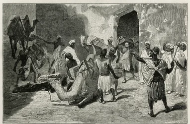 Tevékrakodás a történet írójának, Atangernek a karavánjáról, Biseo metszetével Edmondo de Amicis Le Maroc című történetének illusztrálására 1875-ben, amelyet a tour du monde-ban tettek közzé Edouard Charton vezényletével.