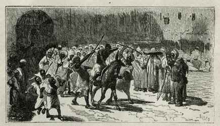 tolvaj beszéde, öszvérre mászik, botokat kap a tömeg színe alatt, C.Biseo metszet, Edmondo de Amicis Le Maroc című történetének illusztrálására, 1875-ben, a tour du monde-ban, a Edouard Charton irányításával