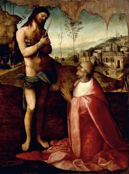 Szenvedő Krisztus és Oliviero Carafa bíboros imádságban (festmény)