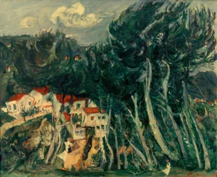 Ch. Soutine, bal oldalon falu, jobb oldalon fák
