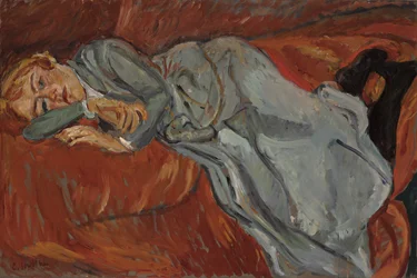 Vörös díványon fekvő nő, kb. 1916