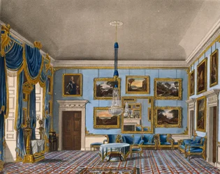 Kék bársonyterem, Daniel Havell (1785-1826) metszete, Charles Wild (1781-1835) terve alapján, A királyi rezidenciák történetéből