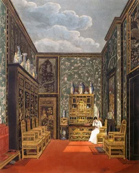 Zöld elhúzódó szoba, William James Bennett (1787-1844) metszete, Charles Wild (1781-1835) terve alapján, A királyi rezidenciák történetéből