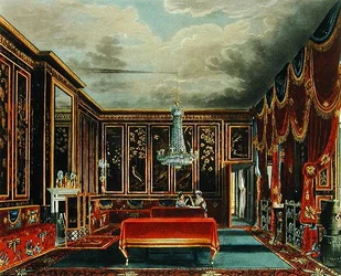 A Frogmore-i japán szoba, R. Reeve metszete a "Windsori kastély, a St. James-palota, a Carlton House, a Kensington-palota, a Hampton Court és a Frogmore királyi rezidenciáinak története" című művéből, A. Dry kiadásában