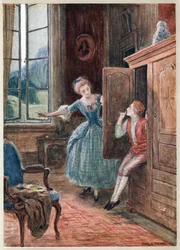 Jelenet Mozart Figaro házassága című operájából. (Le Nozze di Figaro), komikus opera (opera buffa) Lorenzo da Ponte (1749-1838) librettójával Beaumarchais után, először 1786. május 1-jén mutatták be a bécsi Burgtheaterben.