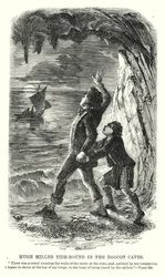 Hugh Miller árapályban a Doocot-barlangban (metszet)