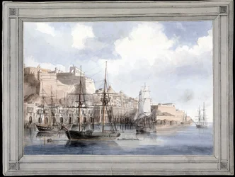 Vue de Malte (Máltán látható) (Valletta nagy kikötője a Sant Angelo erőddel) - Charles Andrew Dyce (1816-1853) festménye, akvarell papíron (25,1 x 34,9 cm), 1849 körül - Yale Egyetem (USA)