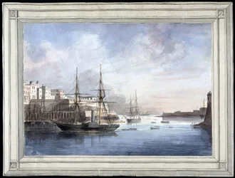 Vue de Malte (Máltán látható) - Charles Andrew Dyce (1816-1853) festménye, akvarell papírra (25,1x34,9 cm), 1849 körül - Yale Egyetem (USA)