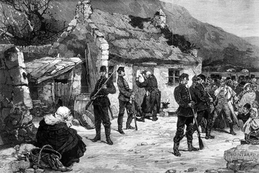 Egy ír gazda kilakoltatása az angol rendőrség által, F. Moller nyomtatása, a "Le Monde Illustré"-ból, 1880.