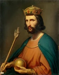 Hugues Capet (941-996), Franciaország királyának portréja 987-ben. Kezében földgömböt és jogart tart, a hatalom jelképeit. Charles de Steuben (1788-1856) festménye, 19. század. Nap. 0,91 x 0,74 m.
