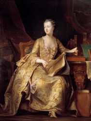 Jeanne Antoinette Poisson, Madame de Pompadour (Pompadour márkiné) (1722-1764) portréja, kezében egy kottával, Charles Auguste Steuben (1788-1856) festménye (ec.alle) 19. század V. 1,65x1,32 m