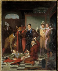 III. Henrik francia király a blois-i kastélyban történt meggyilkolása után lábbal félretolja Lotaringiai I. Henrik, Guise hercege, a Sebhelyesnek nevezett (1550-1588) holttestét