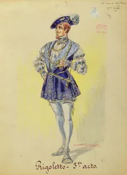 A mantovai herceg jelmeze Verdi (1813-1901) Rigoletto című operájának III. felvonásából (akvarell, papír)