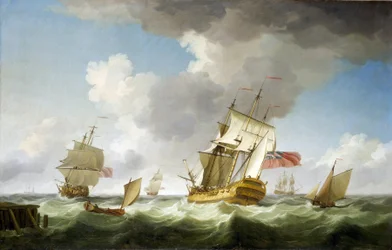 A Brit Kelet-indiai Társaság kereskedelmi hajója erős szélben, a móló közelében, amelyet éppen elhagyott. Olaj, vászon, 1750 körül, készítette Charles Brooking (1723-1759).