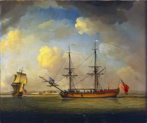 A "Naval Snow", egy kétárbocos brit hajó, amelyet a Királyi Haditengerészet ellátmányának szállítására használtak, a horizonton, Fort Tilbury, a Temzén, Anglia