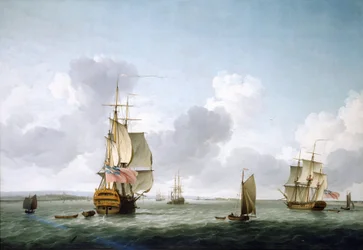 Egy kétfedélzetű hajó és egy fregatt halad felfelé a Temzén (Anglia), Gravesendnél. Charles Brooking (1723-1759) olaj, vászon.