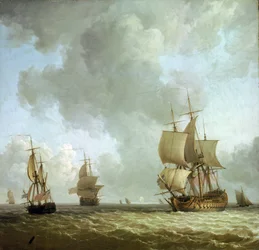 A brit királyi haditengerészet hajói az óceáni szélben. Olaj, vászon, 1750 körül, készítette Charles Brooking (1723-1759).