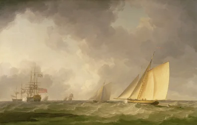 Éles szélben vitorlázó kutter friss szellőben, más hajókkal, 1750 körül