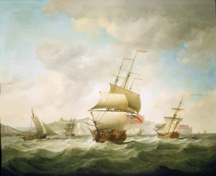 Kereskedőhajó és egy királyi jacht verődik a szélben, Dover (Anglia) partjainál. Olaj, vászon, 1750 körül, készítette Charles Brooking (1723-1759).