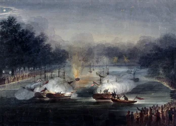 Kilátás egy színlelt harcra a Serpentine-n, Hyde Park, London, 1814