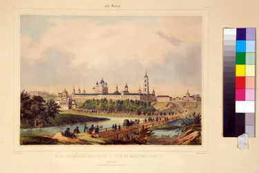 Kilátás a Sarov-kolostorra. A sarovi Szerafim (Seraphim) (1759-1833), ortodox szent kolostora. Charles Claude Bachelier munkája (19. század első fele), akvarellre színezett metszet, 19. század eleje. Művészet
