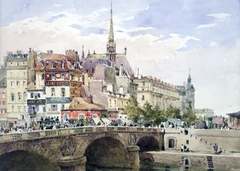 Párizs a Pont Saint-Michel mellett", akvarell. Charles Claude Pyne (1802-1878) angol táj- és zsánerfestő. A háttérben a Sainte-Chapelle és a Palais de Justice. Híd a Szajna folyón Párizs Franciaország