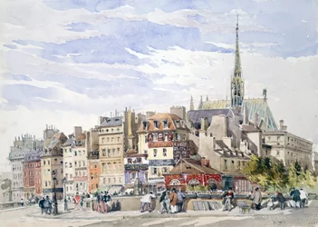 Sainte-Chapelle és az Igazságügyi Palota a Pont Saint-Michel rakparton". Akvarell. Charles Claude Pyne (1802-1878) angol táj- és zsánerfestő. Párizs, Franciaország