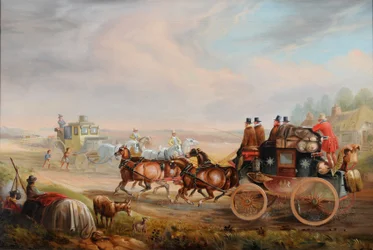 Hull-Londoni Királyi Posta találkozása egy utazó szekérrel az úton, 1835 körül (olaj, vászon)