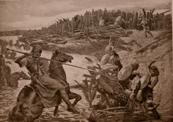 Caesar átkel a Temzén, illusztráció a „Hutchinson története a brit nemzetről” című műből, 1920 körül