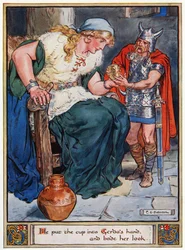 „Gerda kezébe tette a csészét, és ránézett” – illusztráció: „Asgard hősei, mesék a skandináv mitológiából”, A und E Keary, 1930