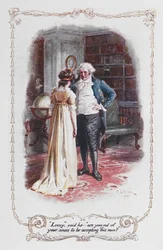 "Lizzy", mondta, "elment az eszed, hogy elfogadd ezt a férfit?" Elizabeth Bennet és apja, illusztrációja Jane Austen "Büszkeség és balítélet" című művéhez