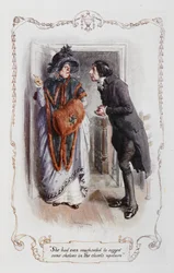 Még azt is kezeskedte, hogy javasol néhány polcot az emeleti szekrényekben” William Collins, Jane Austen „Büszkeség és balítélet” című művéhez készült illusztráció.