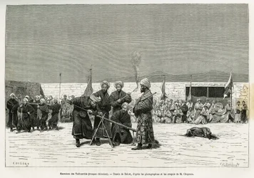 Gyakorlatok a kínai hadsereg által felfegyverzett és kiképzett csapatok Taifourchi sáncpuskáinak manipulálására, Delort rajza egy kacsgari (vagy Kashiban, Kínában) 1873-74-es angol nagykövetség emlékeinek illusztrálására, Mr. Chapman és Gordon által. Metsz
