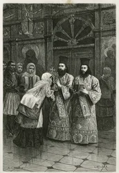 Papok szentképeket nyújtanak csókra, Ch. Delort metszete Henri Belle 1861-ben, 1868-ban és 1874-ben tett görögországi utazásának illusztrálására, megjelent a Le Tour du monde című kiadványban Édouard Charton irányításával
