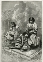 Egy gyermek elrontása édesanyja által és nád eau de vie (rum) gyártása Cali közelében (Cauca Valley, Kolumbia), Ch.Delort metszet, E.Andre Equinoxiale America történetének illusztrálására, missziós megbízatással a francia kormány közzétette