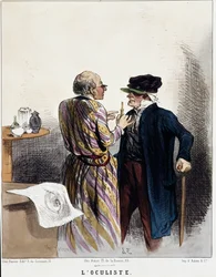 „Betegek és orvosok” sorozat: a szemész. Rajzfilm egy orvos egy beteg orvosi konzultációja során a szemét. Charles Jacques metszete