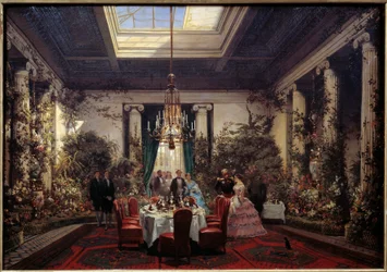 Reggeli Mathilde Letizia Bonaparte hercegnőnél (1820-1904), rue de Courcelles Párizsban Sebastien Charles Giraud (1819-1892) festménye 1854 V. 0,56x61 m. Compiegne, kastélymúzeum