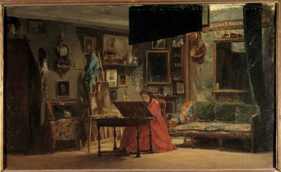 Mathilde hercegnő (1820-1904) stúdiójában, rue de Courcelles Mathilde-Letizia Bonaparte hercegnő irodája előtt. Sebastien Charles Giraud (1819-1892) festménye. 19. század. Mérete 0,32 x 0,52 m Párizs, Musee Carnavalet