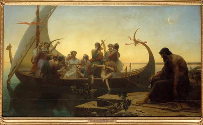 Elveszett illúziók vagy este Egy allegorikus jelenet, amely szereplőket ábrázol egy távozó drakkaron, egy férfi a vádlottak padján marad lírával. Charles Gleyre (1806-1874) festménye 19. század V. 1,56x2,38 m
