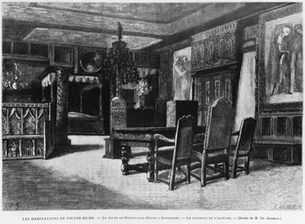 Victor Hugo otthonai, a guernsey-i Hauteville ház társalgója, az ős karosszéke, Fortune Louis Meaulle (1844-1901) által metszett