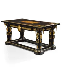 Napóleon III asztal, tervezte Jean Brandely, intarzia: E. Varlot, Párizs, 1850-75 körül (ormolu, aranyozott réz, ébenfa és platán)