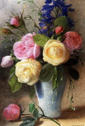 Rózsák és delfinek egy vázában. Charles Henry Slater (1820-1890) festménye Magángyűjtemény.
