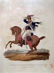 A 10. tizedes, vagy a walesi herceg saját királyi huszárjai felülvizsgálati sorrendben, „A Brit Birodalom hadseregének jelmezei, a legutóbbi 1812-es szabályozás szerint”, metszet: J. C. Stadler, kocsma