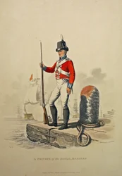 A királyi tengerészgyalogság közlegénye, Joseph Constantine Stadler metszete, 1815-ben megjelent (akvatinta)