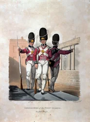 A Lábőrök gránátosai teljes ruhában, „A Brit Birodalom hadseregének jelmezei, az 1812-es utolsó szabályzat szerint”, J. C. Stadler metszet, kiadó: Colnaghi und Co. 1812-15 (c)