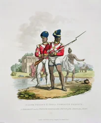 Bennszülött csapatok a Kelet-indiai Társaság szolgálatában: a bengáli hadsereg őrmestere és Sepoy közgránátos, Joseph Constantine Stadler metszete, 1815 (akvatinta)
